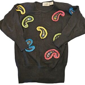 80s Vintage‎ Sequin Paisley Sweater Colorful Ruffle Knit Beaded